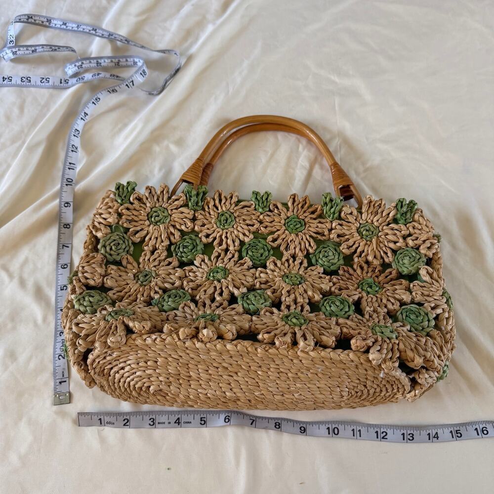 Vtg Y2K 2000s Woven Straw Flower Purse Boho Artsy - Picture 10 of 10